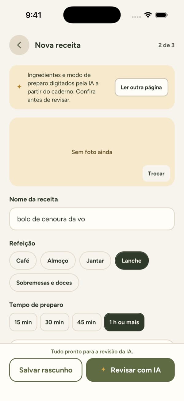 Nova receita no app com o aviso: ingredientes e modo de preparo digitados pela IA a partir do caderno, confira antes de revisar