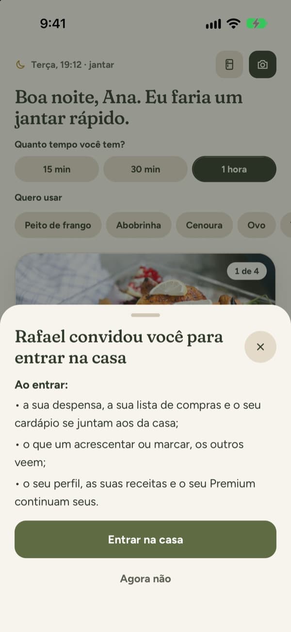 Convite no app: Rafael convidou você para entrar na casa, com o que acontece ao entrar e o botão Entrar na casa