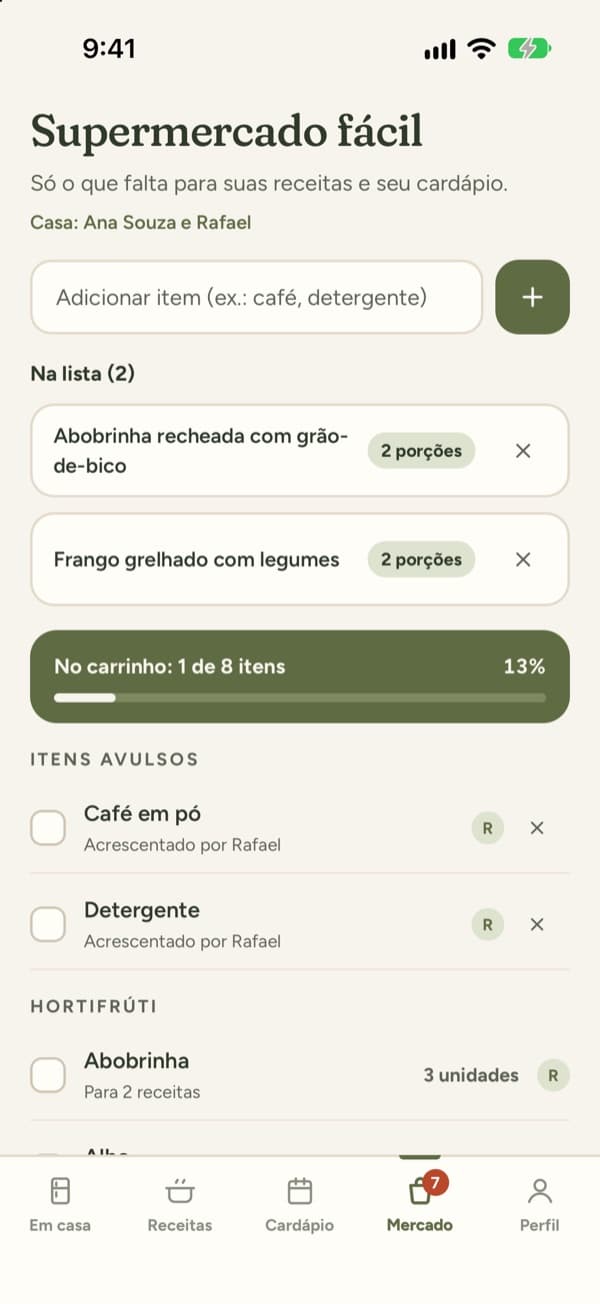 Supermercado fácil dividido pela casa de Ana Souza e Rafael: os itens que Rafael acrescentou, como café em pó e detergente, levam a inicial dele
