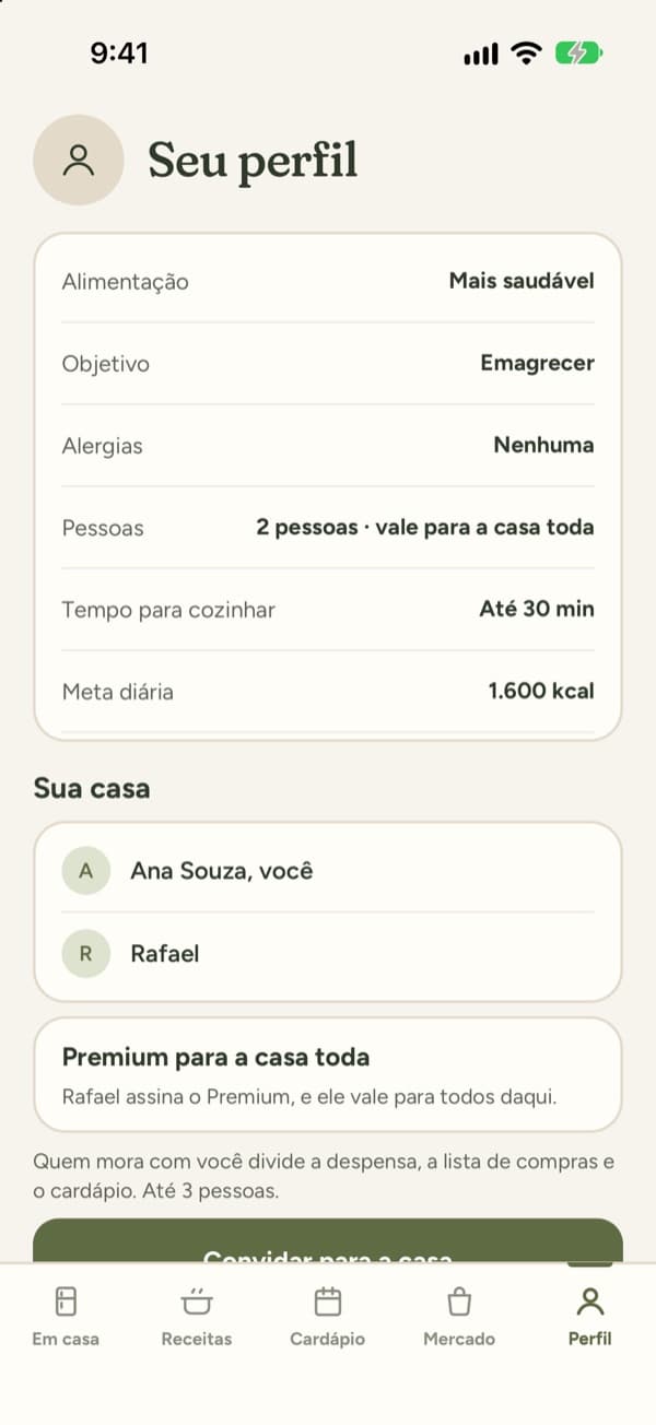 Perfil, Sua casa: Ana Souza e Rafael, e o aviso Premium para a casa toda: Rafael assina o Premium, e ele vale para todos daqui