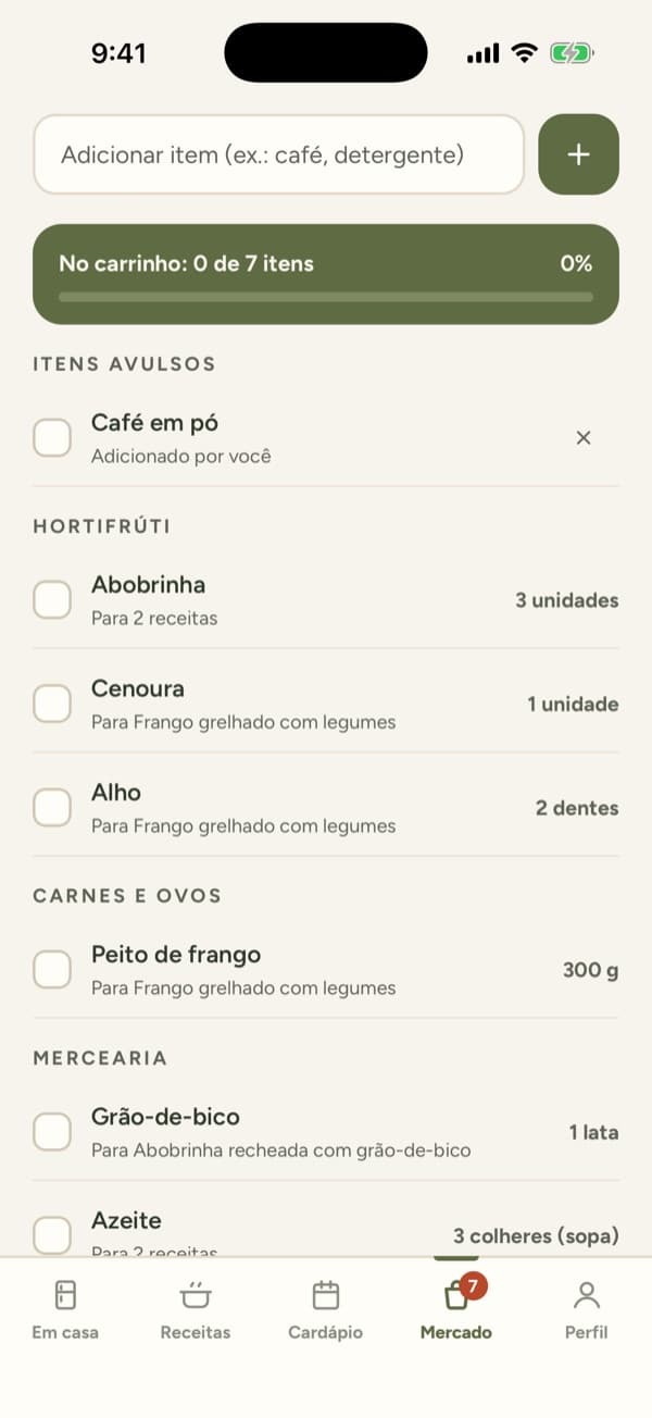 Supermercado fácil: 0 de 7 itens no carrinho, um item avulso e a lista separada em hortifrúti, carnes e ovos e mercearia