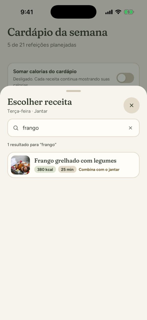 Escolher receita para o jantar de terça, com busca