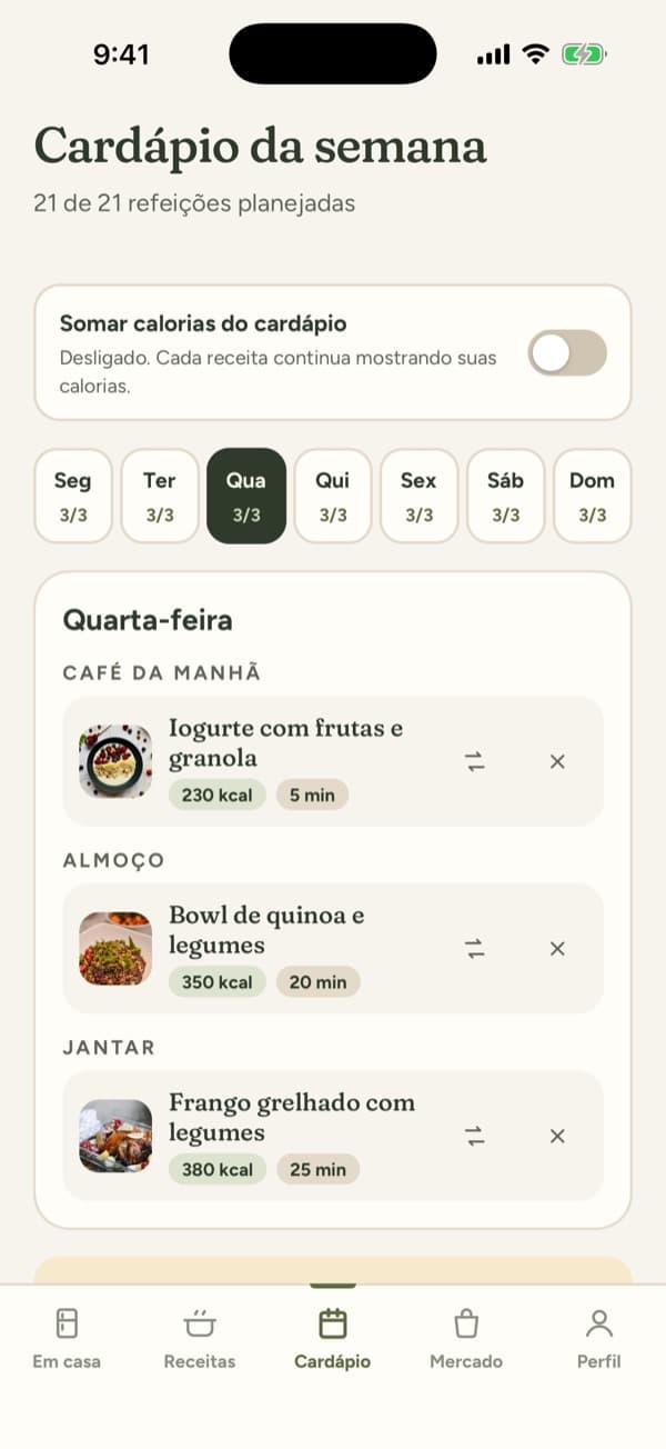 Cardápio da semana com 21 de 21 refeições planejadas