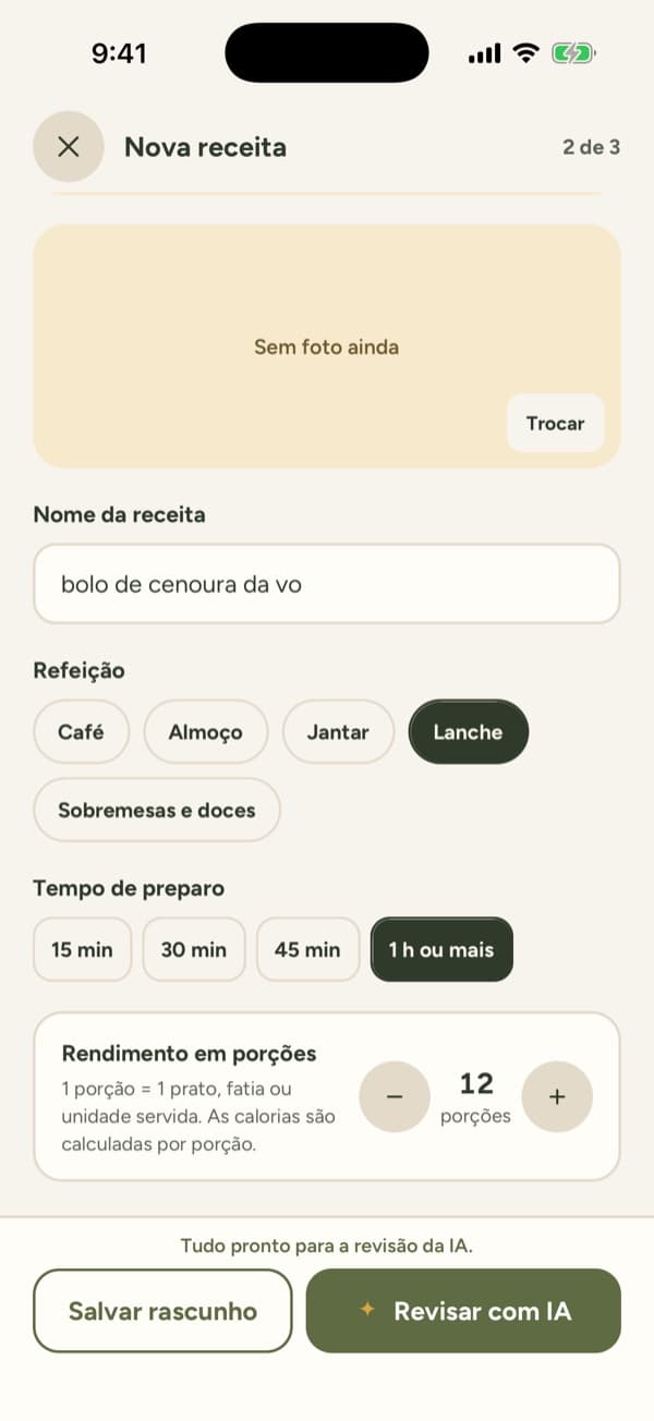 Nova receita no app: bolo de cenoura da vó, lanche, 1 hora ou mais, rende 12 porções