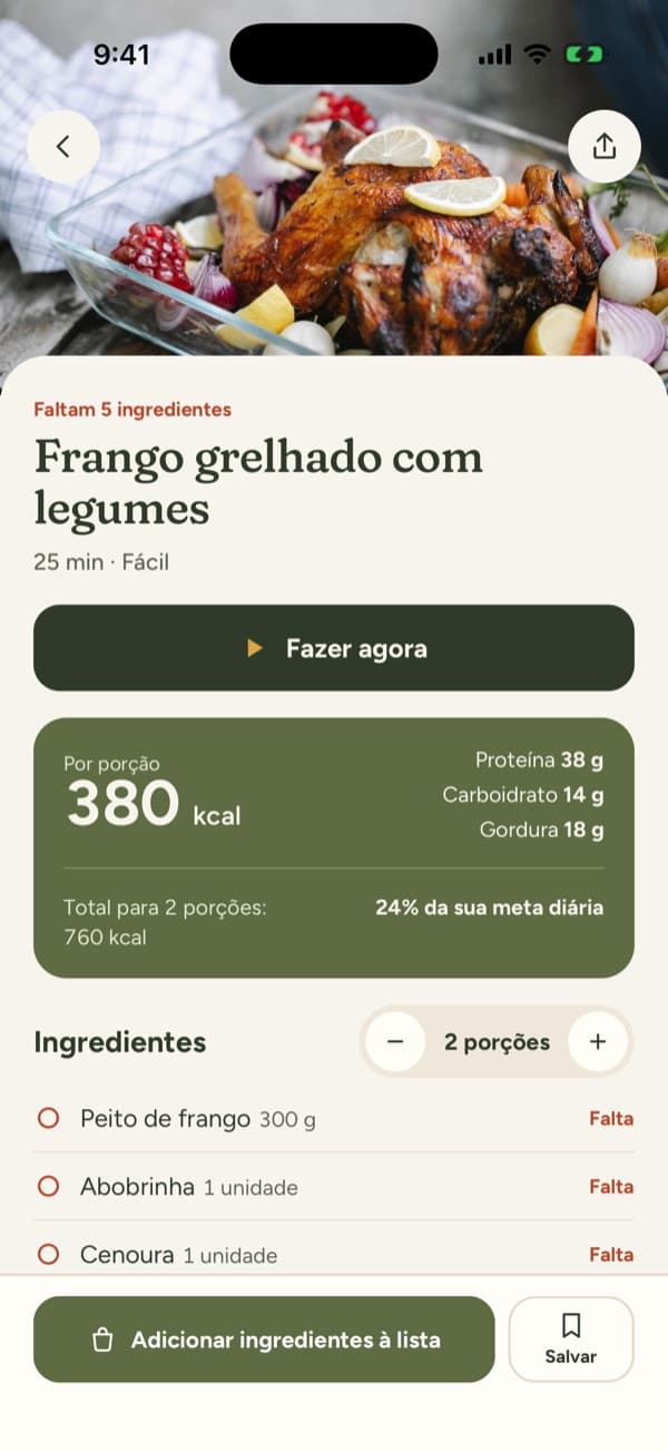 Tela do app: frango grelhado com legumes, 380 kcal por porção, com proteínas, carboidratos e gorduras