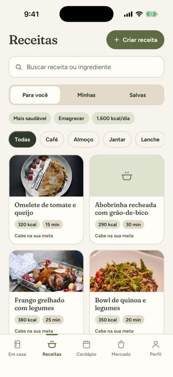 Aba Receitas com sugestões para você